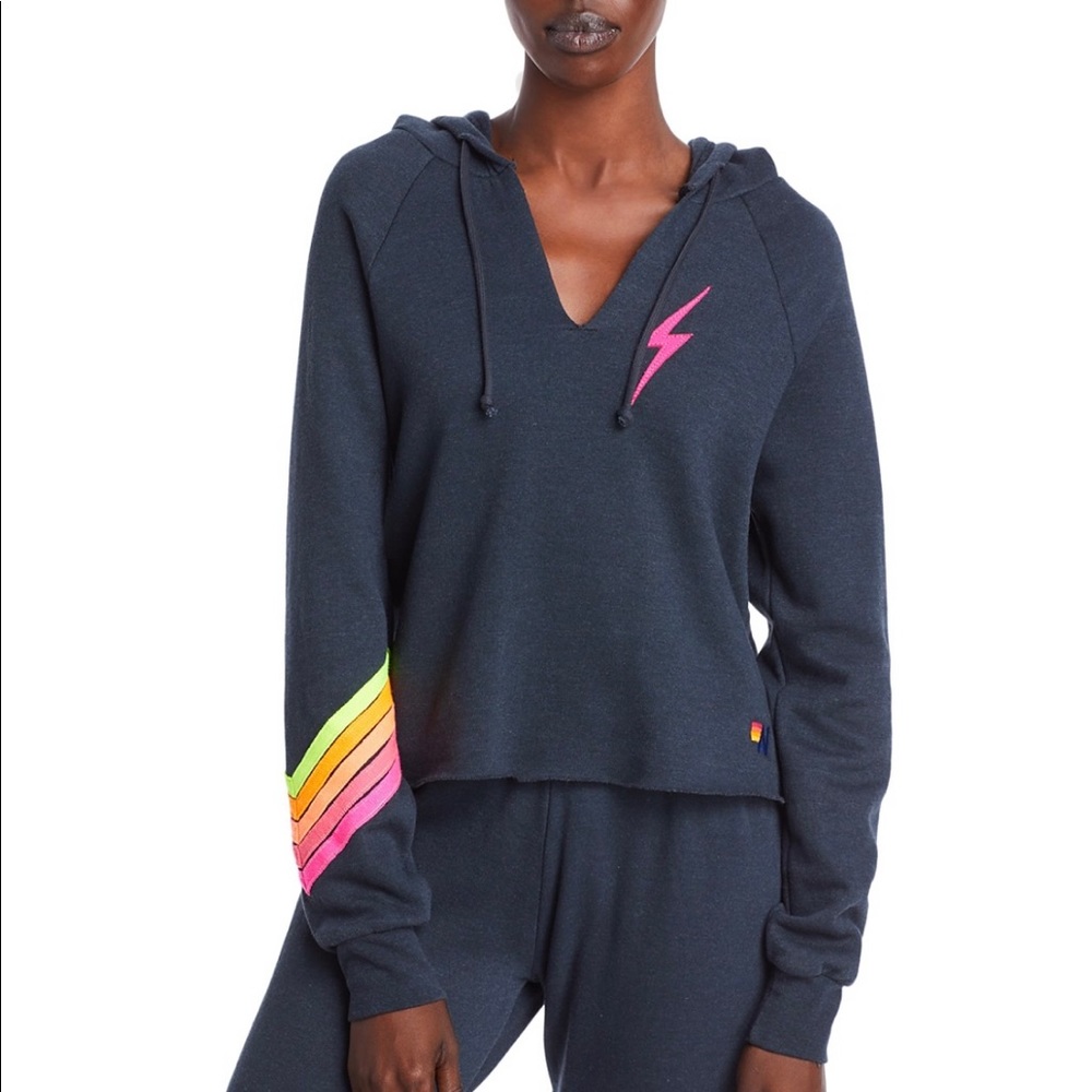 Aviator Nation Bolt Crop Split Neck Hoodie Grey XS